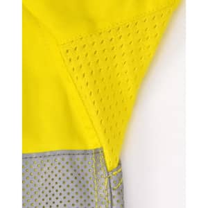 A bright yellow long-sleeve shirt with perforated grey fabric accents and reflective tape. Features a logo.
