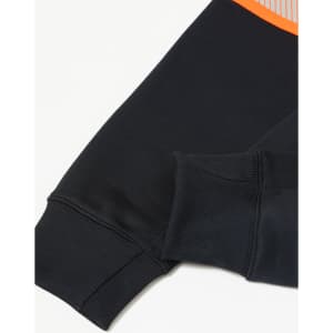 A black safety hoodie featuring segmented reflective tapes on the shoulder, with ribbed cuffs. It has a logo.