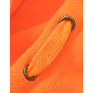 An orange fabric detail featuring a metal eyelet and a braided drawstring.