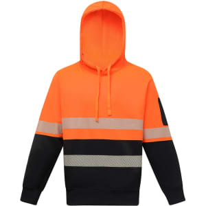 A safety hoodie in high-visibility orange and navy, featuring segmented reflective tapes and a hood.