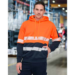 A safety hoodie in hi-vis orange and navy blue with segmented reflective tapes and a front kangaroo pocket.