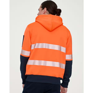 A safety hoodie in hi-vis orange and navy, featuring segmented reflective tapes and a hood.