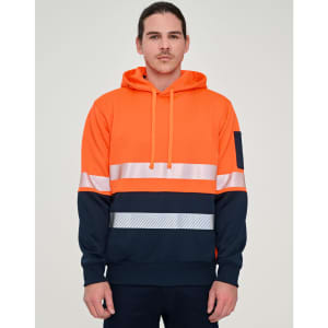 A Hi-Vis two-tone safety hoodie in orange and navy with segmented reflective tapes. Features a logo on the sleeve.