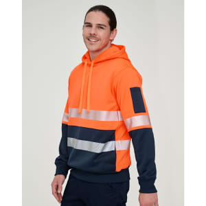A safety hoodie in fluorescent orange and navy with segmented reflective tapes. It features a hood and a logo.