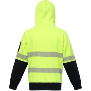 A safety hoodie in high-visibility yellow with black sleeves and segmented reflective tapes. It features a hood.