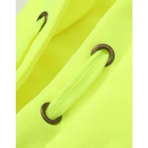 A close-up of a bright yellow safety hoodie featuring metallic eyelets and a woven drawstring.