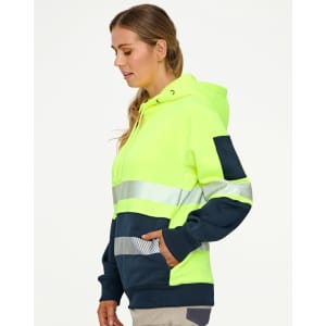 A hi-vis two-tone safety hoodie in fluorescent yellow and navy, featuring segmented reflective tapes and a hood.
