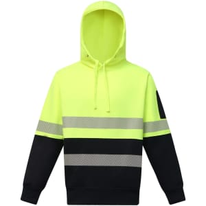 A Hi-Vis two-tone safety hoodie in bright yellow and black, featuring segmented reflective tapes and a hood.