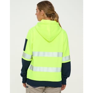 A Hi-Vis two-tone safety hoodie in fluorescent yellow and navy blue, featuring segmented reflective tape.