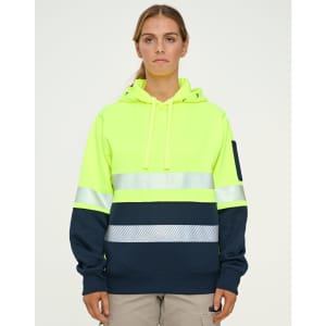 A Hi-Vis two-tone safety hoodie in fluorescent yellow and navy, featuring segmented reflective tapes and a logo.