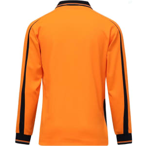 An orange long-sleeve polo shirt with black trim and a logo on the front.