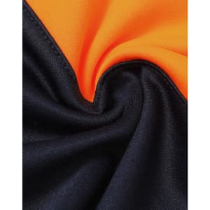 A close-up view of fabric featuring bright orange and black colours, showcasing a smooth texture and weave.