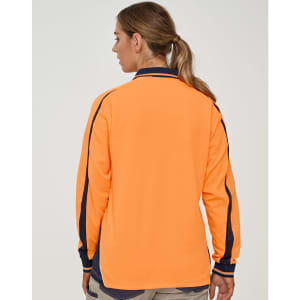An orange long-sleeved polo with dark blue accents, featuring a logo on the back.