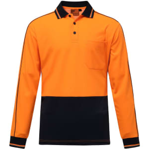 Hi-vis long-sleeve polo in vibrant orange with a navy lower section and a chest pocket, featuring a logo.