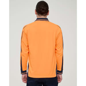 A long-sleeve polo in high-visibility orange with navy detailing and a logo on the back.
