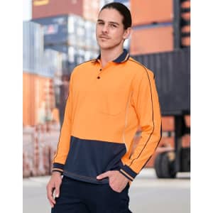 A long-sleeve polo in hi-vis orange and navy blue, featuring a collar and pocket, with a logo present.