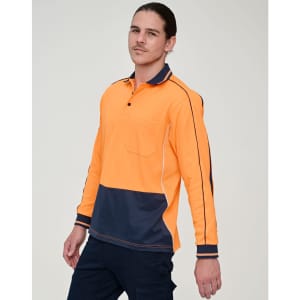 A Hi-Vis long-sleeve polo in bright orange and navy, featuring a chest pocket and contrasting stitching.