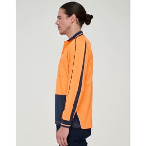 A safety long-sleeve polo shirt in hi-vis orange with navy blue accents, featuring a logo.