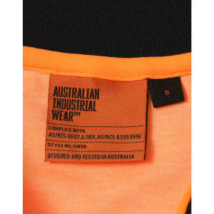 A tag from a Hi-Vis Sustainable Cool-Breeze Truedry Safety L/S Polo in orange and black, featuring a logo.