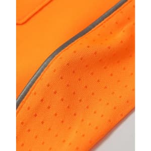 A close-up of an orange fabric with a mesh texture and a reflective trim, featuring a logo.