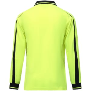 A long-sleeve polo in hi-vis yellow with navy stripes along the sleeves and a collar, featuring a logo.