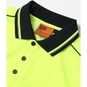 A bright hi-vis yellow long-sleeve polo shirt with a black collar and button placket, featuring a logo.