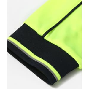 A close-up of a Hi-Vis polo sleeve in bright yellow with black and grey detailing, featuring a logo.