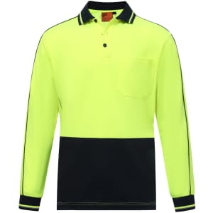 A long-sleeved polo in high visibility yellow with a navy blue bottom and a chest pocket. It features a collar and branding.