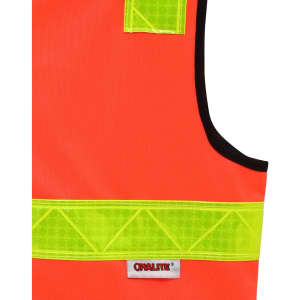 A high-visibility vest in bright orange with reflective yellow strips and a branding logo.