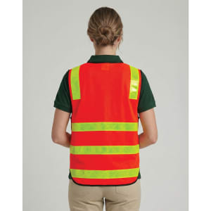 A high-visibility orange road safety vest with reflective yellow stripes, featuring a logo on the back.