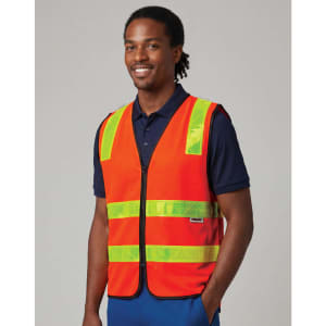 A high-visibility orange road safety vest with reflective yellow stripes, worn by a male model. Features a clasp front and branding.