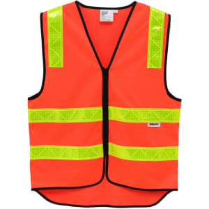 A high-visibility orange safety vest with reflective yellow stripes and black trim. It features a logo on the front.