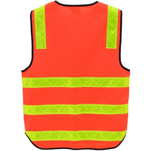 A high-visibility safety vest in bright orange with yellow reflective stripes, featuring a logo.