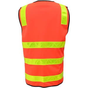A high-visibility orange safety vest featuring reflective yellow stripes, designed for road safety.