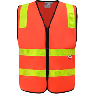 An orange safety vest featuring reflective yellow strips and a zipper front. It has a logo on the front.