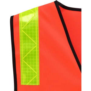 A high-visibility road safety vest in orange with reflective yellow detailing on the shoulder.