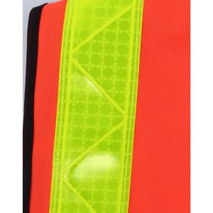 A high-visibility vest in bright orange with a reflective yellow strip and a logo.