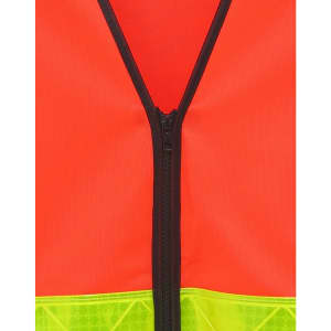A bright orange and yellow safety vest featuring a zip closure and reflective detailing, with a logo.