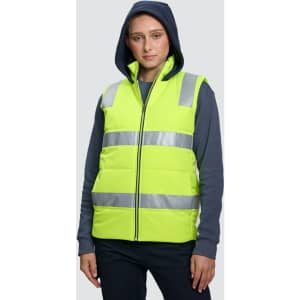 A unisex hi-vis hooded puffer vest in bright yellow with reflective stripes, featuring a hood and a zipped front.
