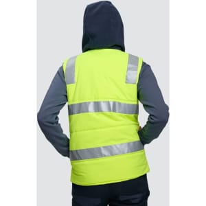 A unisex hi-vis hooded puffer vest in fluorescent yellow with grey sleeves and reflective stripes.