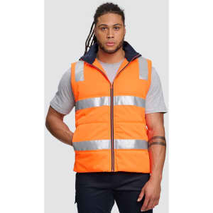A unisex hooded puffer vest in bright orange with reflective strips, featuring a zip front and a navy collar.