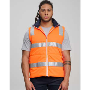 Unisex hi vis hooded puffer vest in bright orange with reflective strips, featuring a zipped front and navy collar.