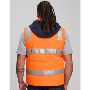 A unisex hi-vis hooded puffer vest in bright orange, featuring reflective stripes and a navy hood.