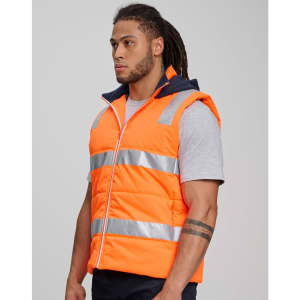 A unisex hi vis hooded puffer vest in bright orange with reflective strips and a navy hood. Features a logo.
