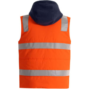 A bright orange unisex hooded puffer vest with reflective strips and a navy hood at the back.