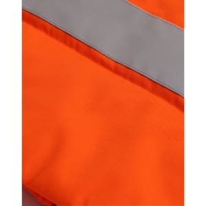 An orange hooded puffer vest with a grey reflective strip, featuring a logo.