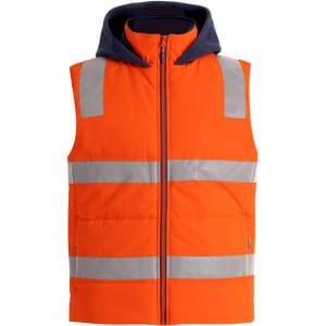 A bright orange unisex hi-vis hooded puffer vest with reflective strips and a navy hood. It features a front zip and a logo.