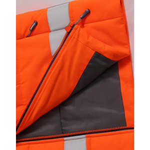 A bright orange hi-vis hooded puffer vest with grey lining and reflective strips. Features a zippered pocket.