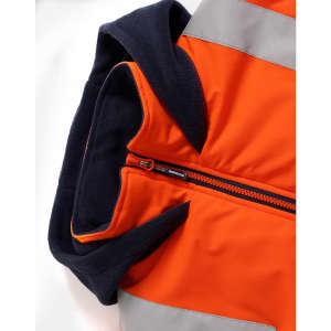A unisex hi-vis hooded puffer vest in orange with contrasting navy detailing and reflective strips.