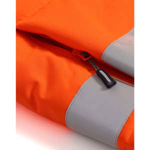 An orange hi-vis hooded puffer vest with reflective grey accents and a black zipper.